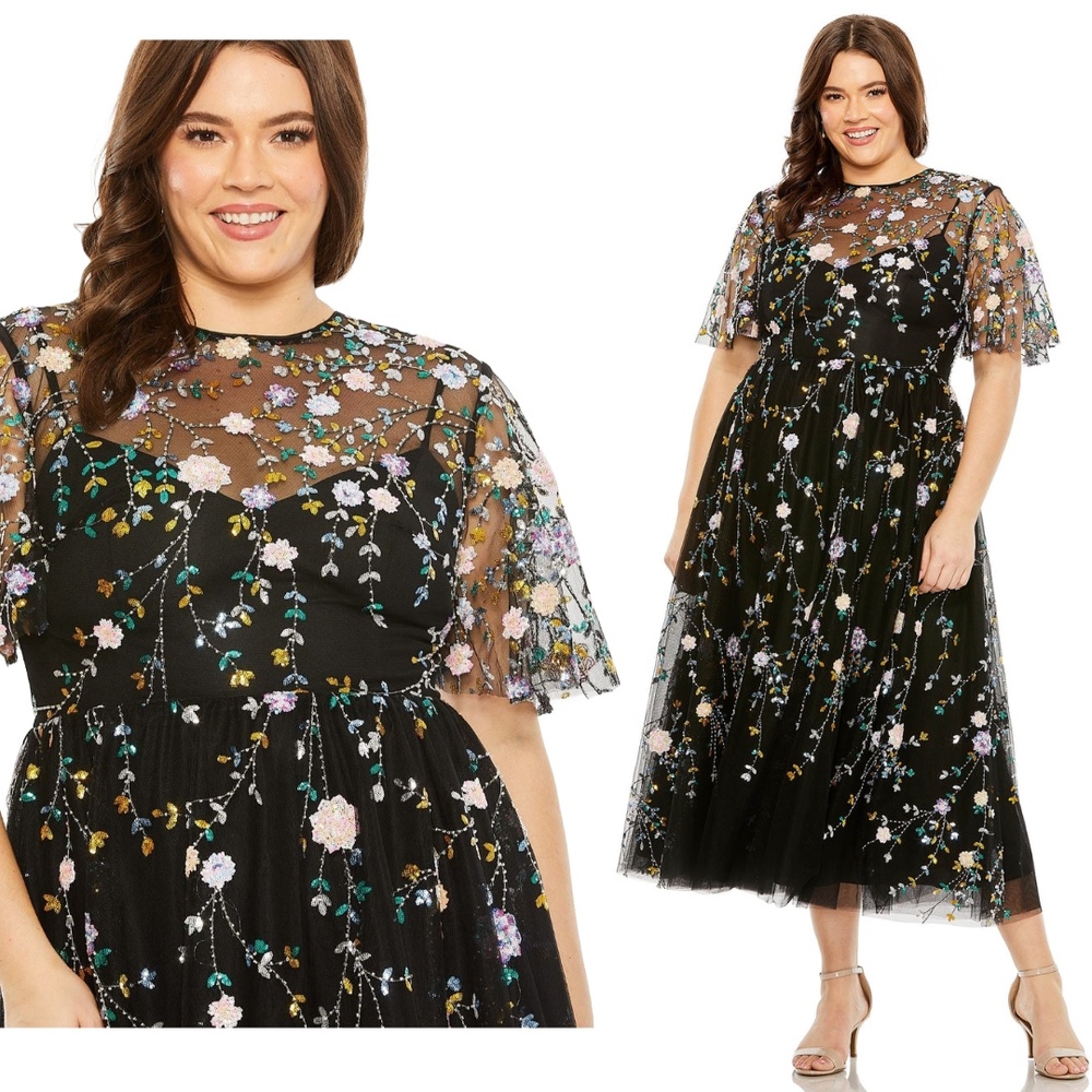 Mac Duggal Black Midi Dress with Pastel Floral Embroidery